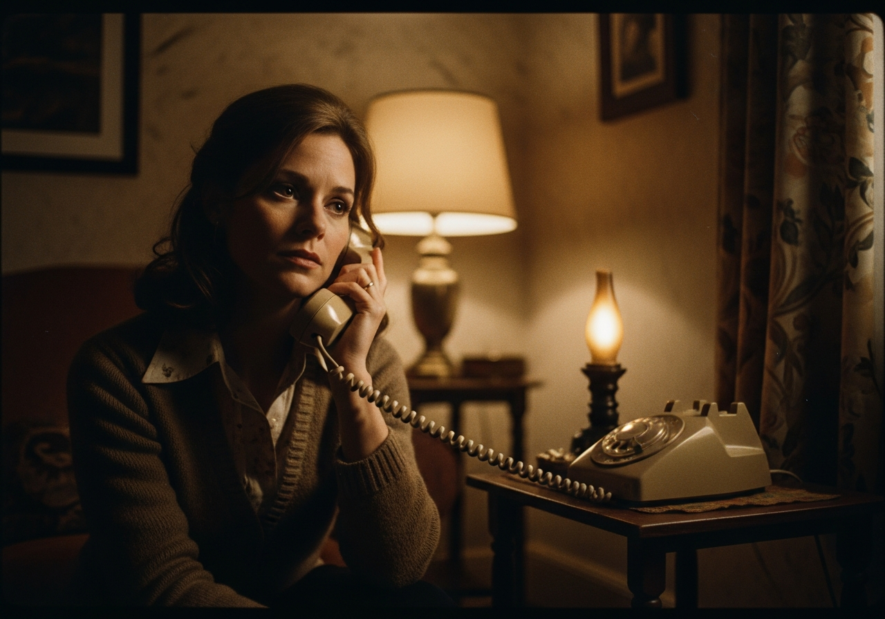 A woman on a rotary telephone in a warmly lit vintage living room